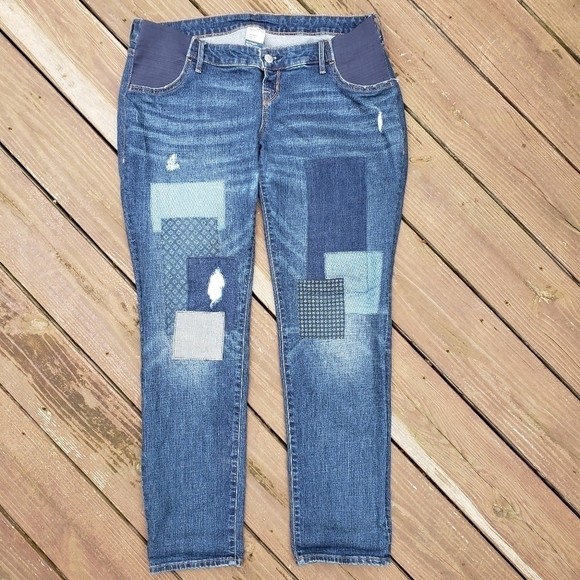 Old Navy Denim - Old Navy Patchwork Denim Blue Jeans Boyfriend Maternity Medium M Quilt Patches